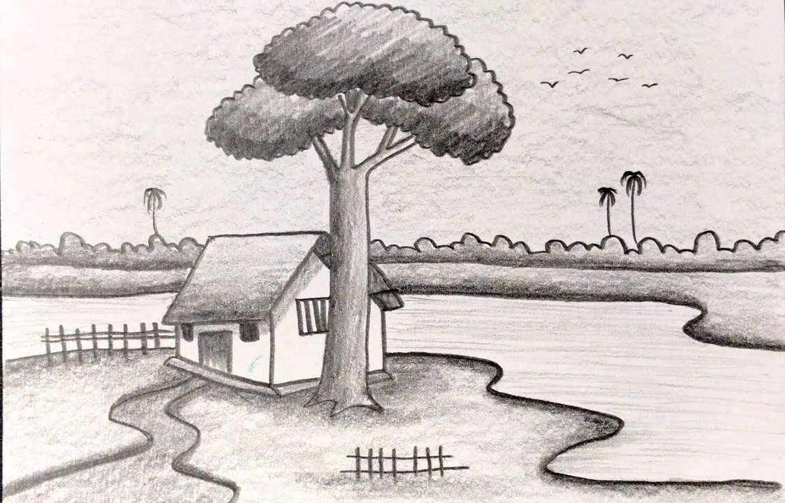 Cách vẽ tranh phong cảnh đơn giản vẽ tranh phong cảnh quê hương bằng bút  chì